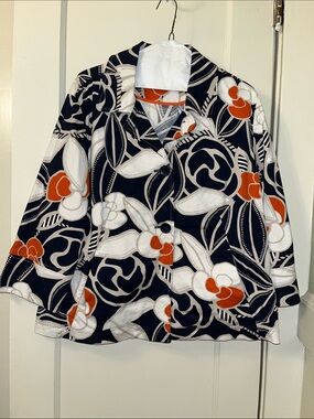 Chico's Navy, White & Orange Floral Button Swing Jacket
